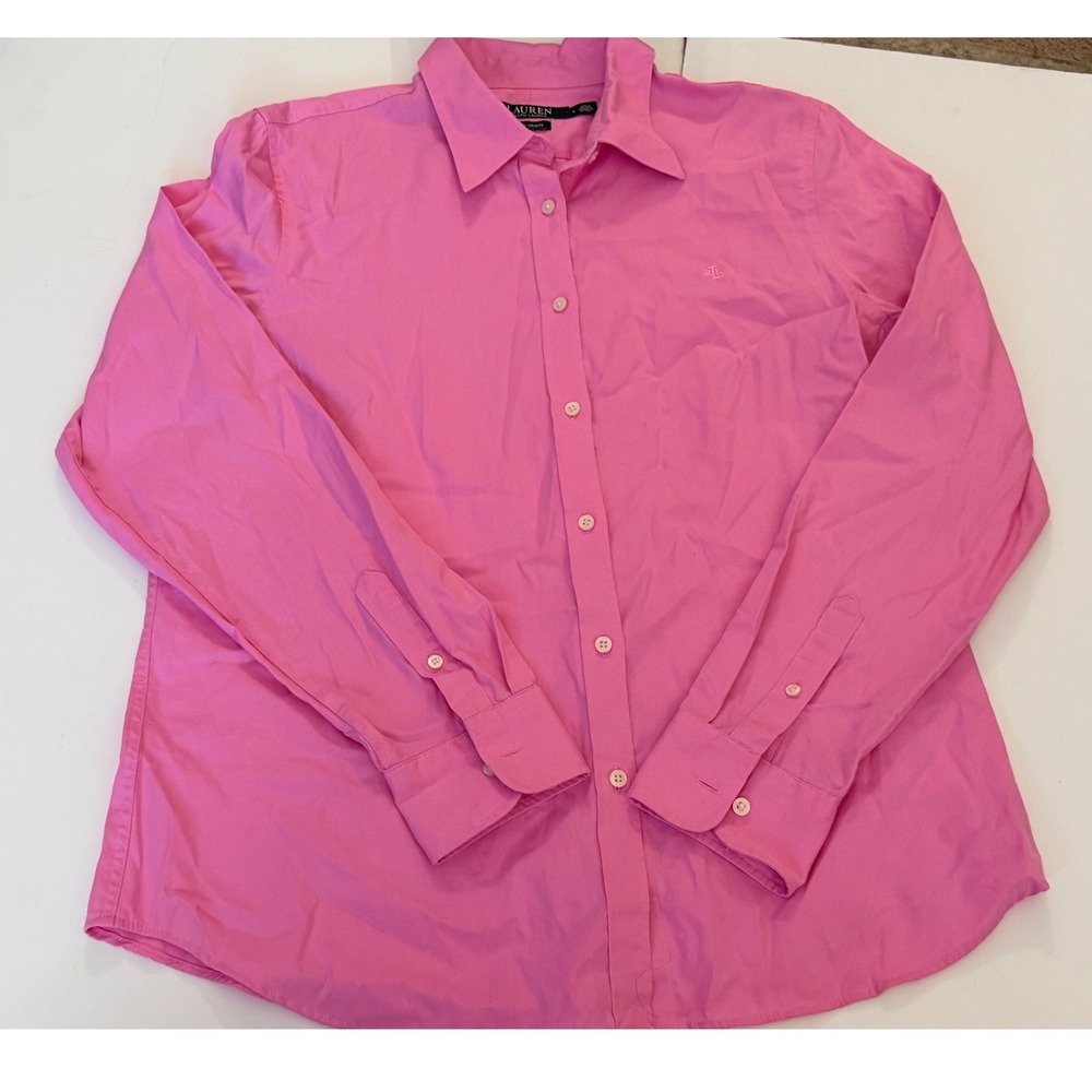 Lauren Ralph Lauren‎ Womens Pink Non Iron Cotton Button Down Shirt Large RL Logo